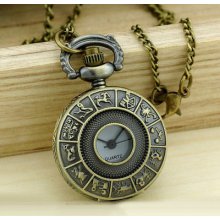 Antique 12 Constellation Star Sign Bronze Quartz Pocket Watch Necklace Steampunk