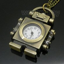 Antique Bronze Robot Pocket Watch Chain Necklace Pendant Mens Womens Gift P97