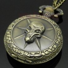 Antique Bronze Skull Ghost Cross Fire Quartz Retro Pocket Necklace Watch P87