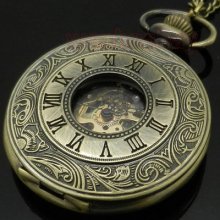 Antique Roman Numerals Mechanical Pocket Watch Chain Automatic Skeleton Necklace