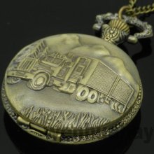 Antique Vintage Bronze Truck Classic Case Necklace Quartz Pocket Watch Chain P09