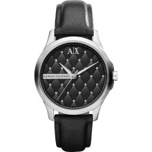 Armani Exchange AX Black Ladies Mid-Size Silver Tone Stainless Steel and Black Leather Watch