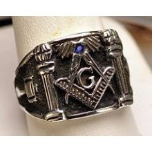 Authentic Sterling Silver Sapphire Masonic Ring Freemason Je