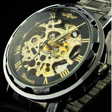 Automatic Mechanical Men Watch Black And Golden Stainless Steel Band