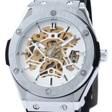 Automatic Mechanical Mens Classic White Skeleton Rubber Analog Sport Army Watch