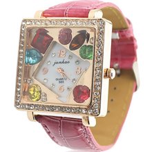 Band Women's Leather Analog Quartz Wrist Watch With Rhinstone Inlaid Colorful Square Dial (Red)