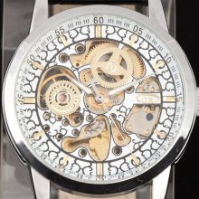 Best Vintage Classic Skeleton Men Automatic Mechanical Wrist Watch Leather Band
