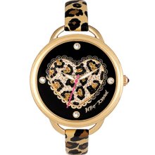 Betsey Johnson Heart Dial Leather Strap Watch Gold/ Leopard