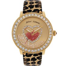 Betsey Johnson Heart Dial & Leopard Printed Leather Strap Watch