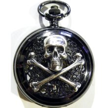 Black and Silver Skull Crossbones Pocket Watch Necklace or Chain Fob