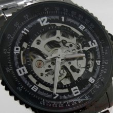 Black Automatic Skeleton Self-wind Mechanical Watch Gear Metal Mens Gift M11