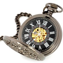 Black Dail Flower Baroque Hollow Polished Skeleton Mechanical Lid Pocket Watch