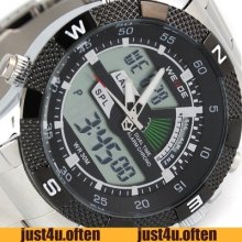 Black Dial Dual Display Show Time Mens Fashion Sport Wrist Watch Stainless Steel