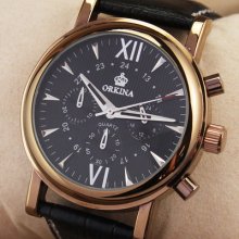 Black Leather Fashion Mens 6 Hand Accurate Quartz Wristwatch Coffee Case Hq Hour