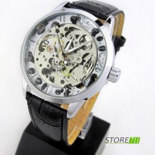 Black Leather Strap Full Skeleton Dail Automatic Mechanical Mens Wrist Watch