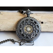 Black Mechanical Pocket Watch,Steampunk Pocket Watch,Pocket Watch Chain,Groom Gift,Groomsmen Gift