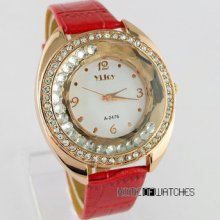 Bling Rhinestone Lady Girls Red Leather Strap Quartz Analog Wrist Dress Watch