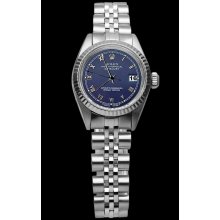 Blue roman dial fluted bezel ladies date just Rolex watch jubilee bracelet SS - Blue - Metal