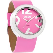 Bongo Ladies Xl Round Hot Pink Dial Leather Strap Quartz Dress Watch BG6227