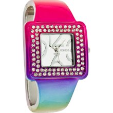 Bongo Quartz Ladies XL Multi-Color Rainbow Hinged Bangle Bracelet Watch 3272
