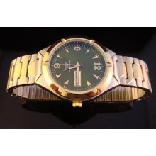 Brand New Mens Quartz Watch W Green Dial & 2 Tone Expansion Style Band