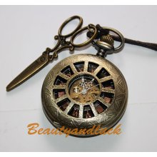 Brass Hollow Case Unisex Scissors with Mechanical Pocket Watch Chain