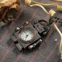 Brass Mini Cyber Robot Shape Necklace Pendant Charm Quartz Pocket Watch
