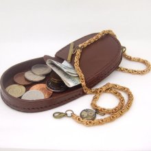 Brass Pocket Watch Double Albert Chain with Tan Brown Leather Coin Tray Purse