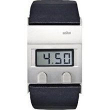 Braun Mens Square Digital Stainless Watch - Black Leather Strap - ...