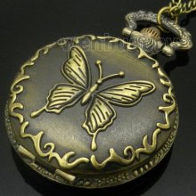 Bronze Butterfly Pocket Watch Necklace Pendant Girl's Chain Xmas Gift P119