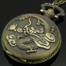 Bronze Fiery Dragon Cloud Quartz Pocket Watch Necklace Pendant Mens Gift P112