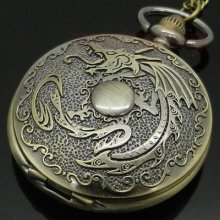 Bronze Fiery Dragon Fire Quartz Pocket Watch Necklace Pendant Mens Gift P111