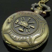 Bronze Fire Fighter Pocket Watch Necklace Pendant Chain Xmas Gift P106