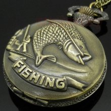 Bronze Fishing Angling Quartz Pocket Watch Necklace Pendant Mens Gift P108