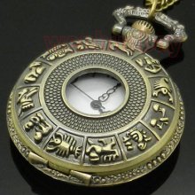 Bronze Quartz Constellation Pocket Watch Necklace Pendant Mens Womens Gift P44