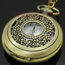 Bronze Quartz Floral Flower Pocket Watch Necklace Pendant Mens Womens Gift P43