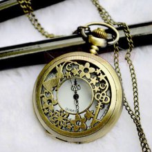 Bronze Rabbit Key Flower Hollow Quartz Pocket Watch Necklace Pendant Gift P101