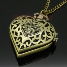 Bronze/silver Quartz Heart-shaped Pocket Watch Necklace Pendant Mens Womens Gift