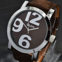 Brown Leather Big Face Quartz Leisure Sport Style Wrist Watch Stylish Unisex