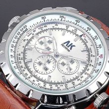 Brown Leather White Dial Ak-homme Mens Luxury Automatic Mechanical Wrist Watch