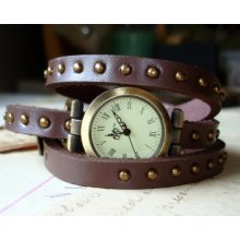 Brown Studded Leather Wrap Wrist Watch