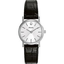 Bulova Womens Stainless Analog Round Watch - Black Leather Strap - White Dial - 96L104