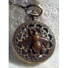 Bumble bee pocket watch, men's bumble bee pocket watch with gold dragon vein beads on watch chain