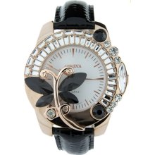 Butterfly Adorned Watch with Rhinestones & Snake Skin Strap-Black/Gold
