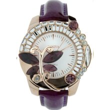 Butterfly Adorned Watch with Rhinestones & Snake Skin Strap-Purple/Gold