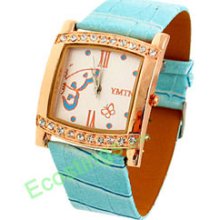Butterfly Crystal Golden Plated Blue Strap Quartz Watch