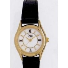 Caravelle Ladies Black Leather Strap Watch W/ Round White Dial