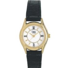 Caravelle Ladies` Gold-tone Watch W/ Black Leather Strap
