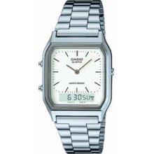 Casio Aq230a-7d Men's Metal Band White Dial Analog Digital Dual Time Watch