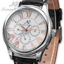 Casual Day Date 24 Hours Black Leather Automatic Mechanical Men Wrist Watch